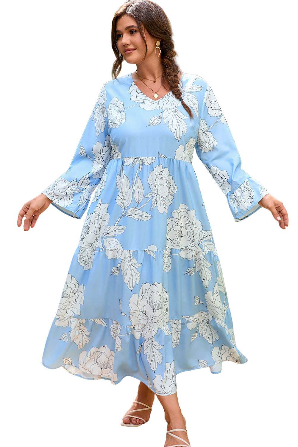 Sky Blue Floral Bracelet Sleeve V Neck Plus Size Tiered Maxi Dress