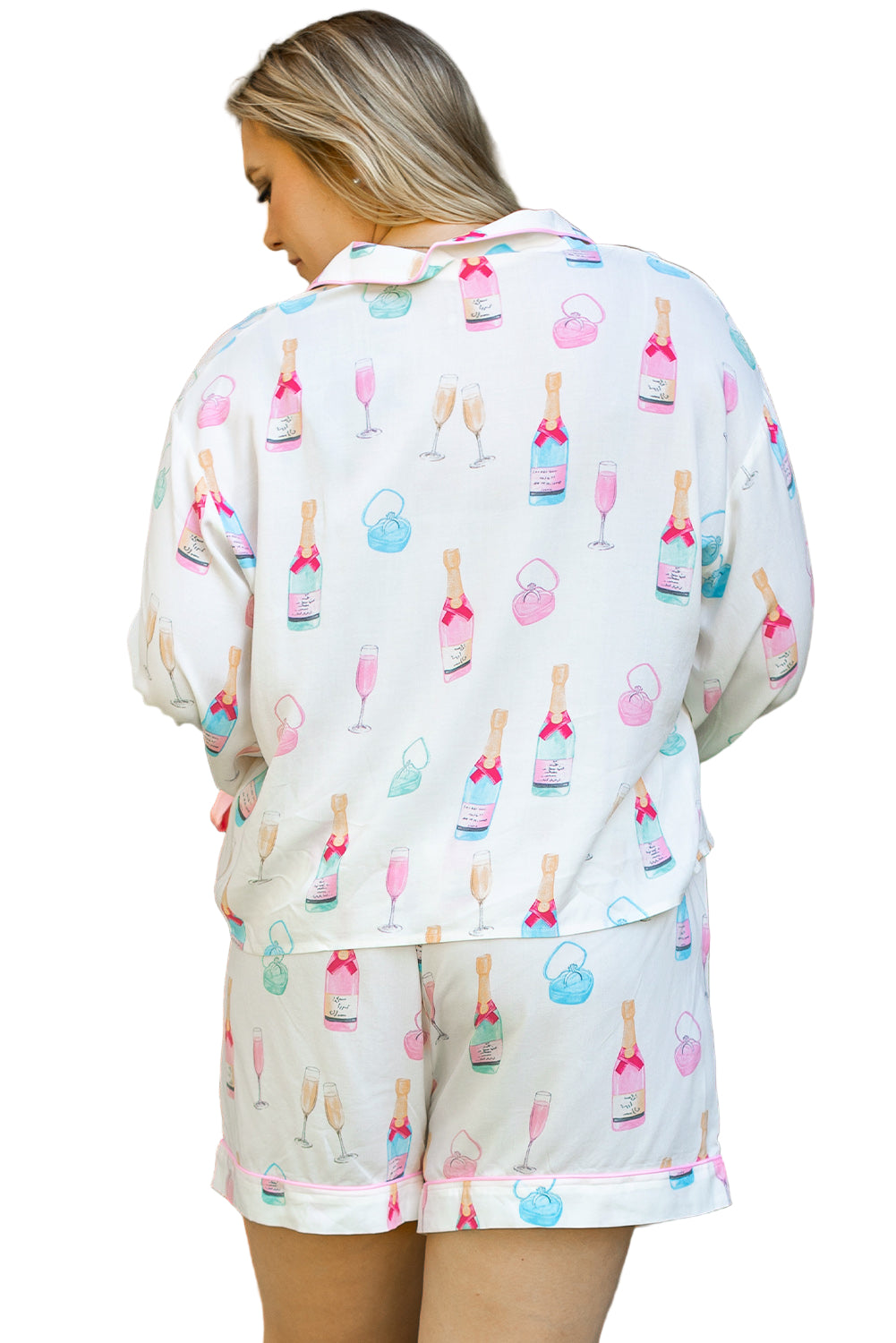 White Plus Size Wine Glass Print Bow Knot Pajama Set