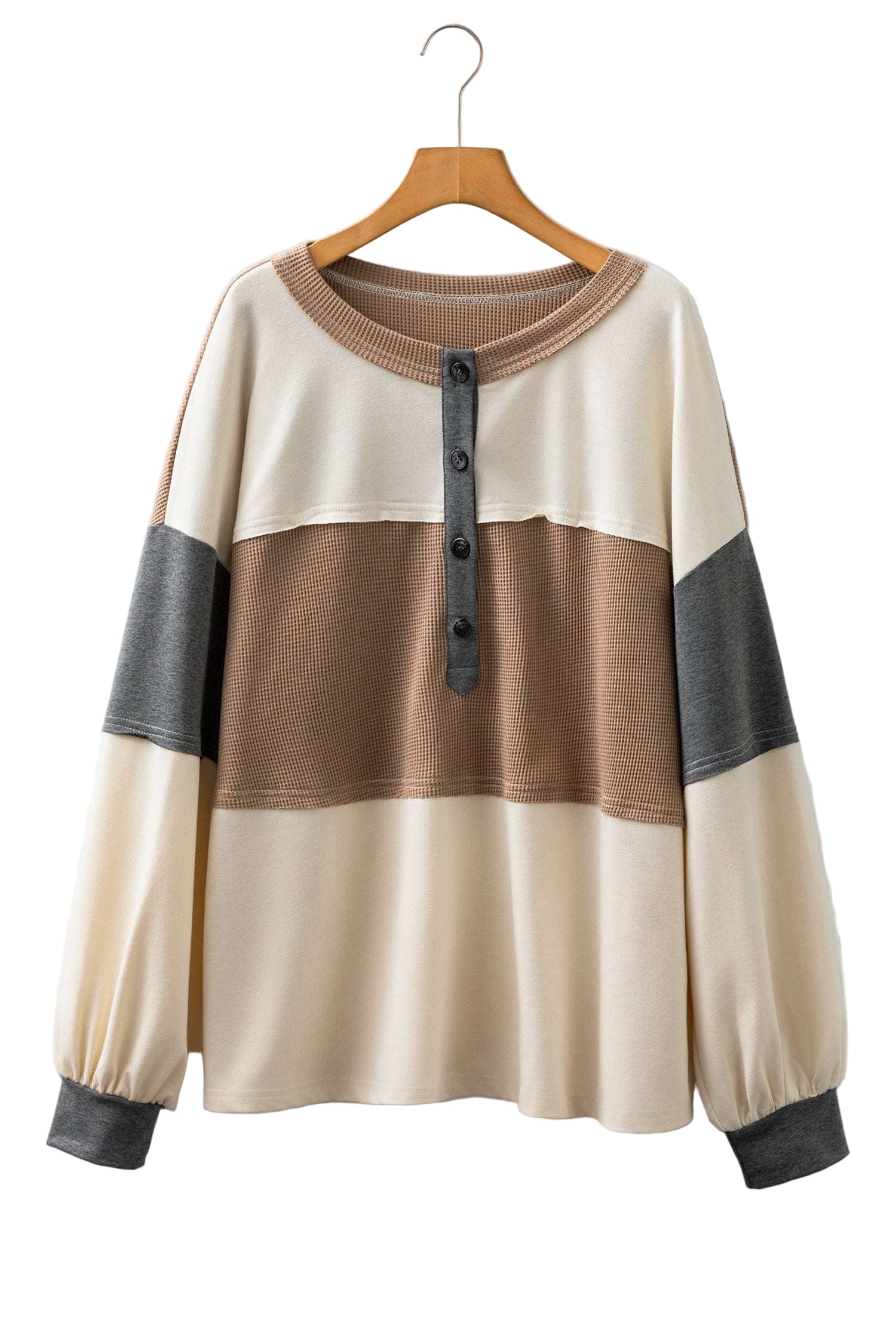 Jet Stream Waffle Patchwork Colorblock Half Buttons Casual Plus Size Knit Jumper