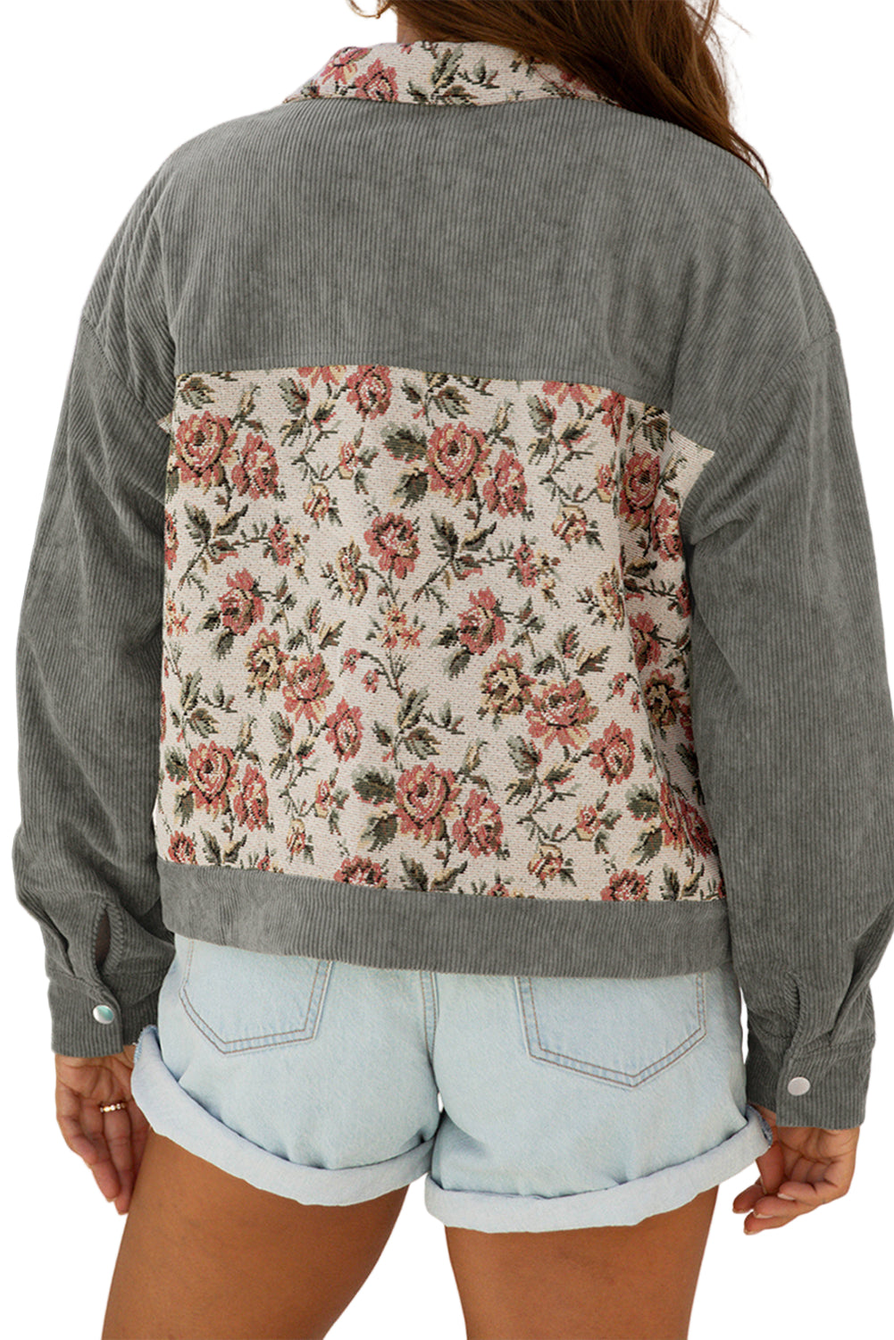 Medium Grey Corduroy Floral Patchwork Vintage Jacket