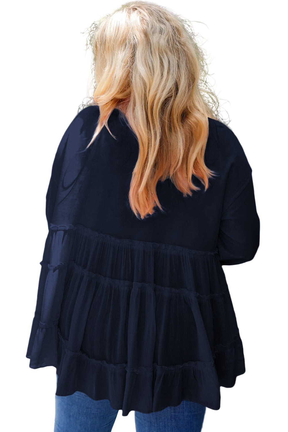 Pink Frill Tiered Patchwork Ribbed Trim Flowy Plus Size Top