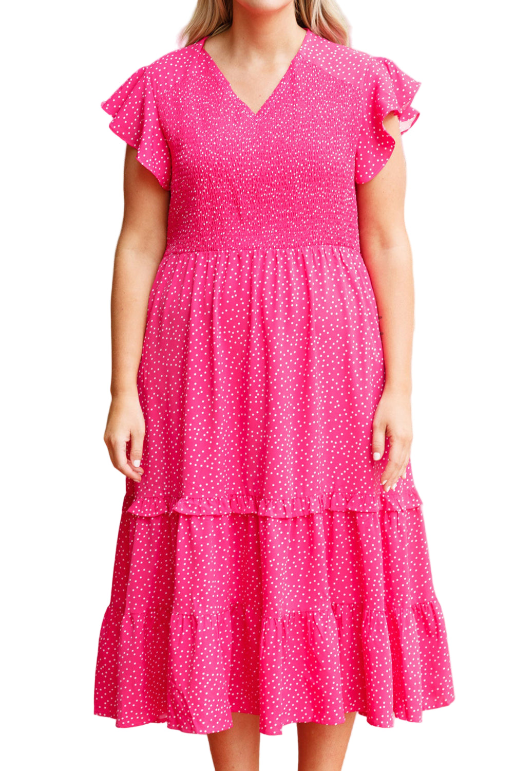 Rose Polka Dot Print Ruffled Smocked High Waist Plus Midi Dress