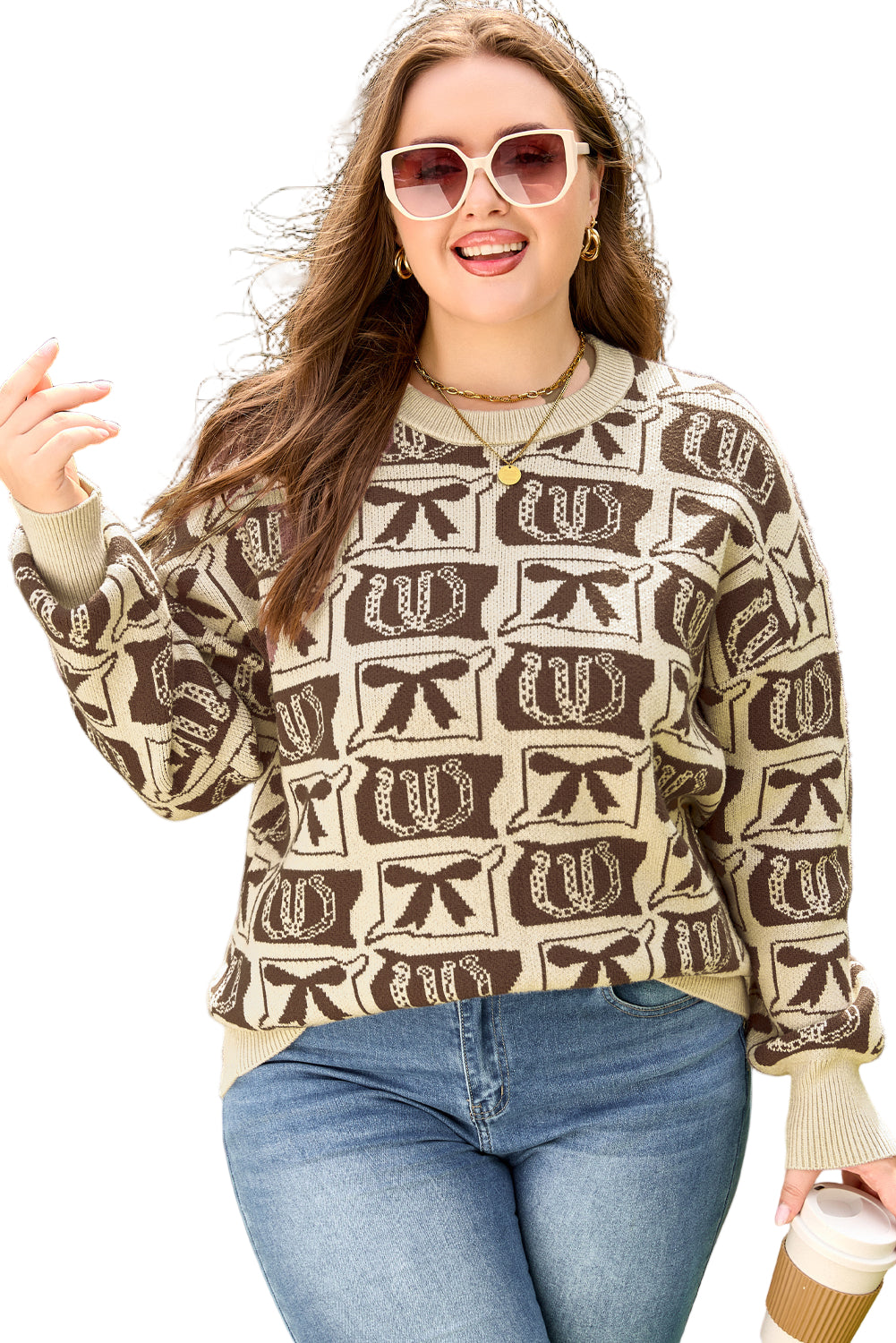 Brown Bow Horseshoe Print Checkered Plus Size Sweater