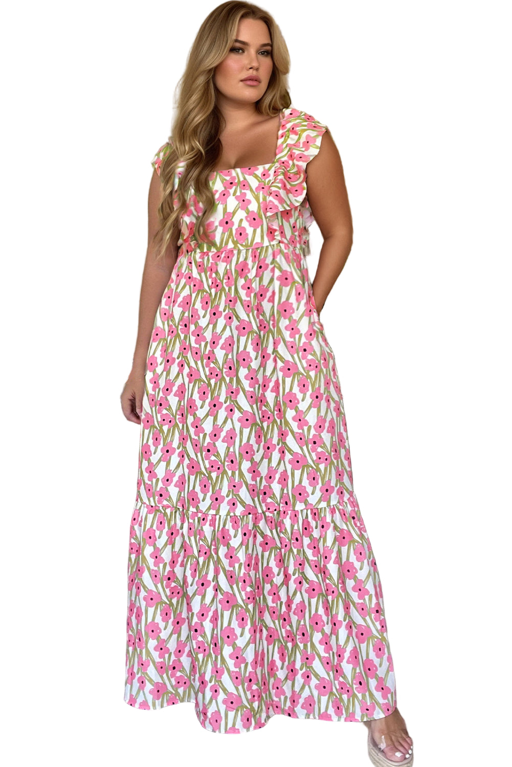 Pink Plus Size Ruffle Trim Square Neck High Waist Floral Maxi Dress