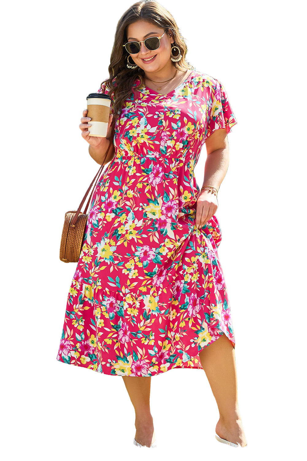 Pink Floral Print V Neck Pocketed High Waist Plus Size Midi Dress
