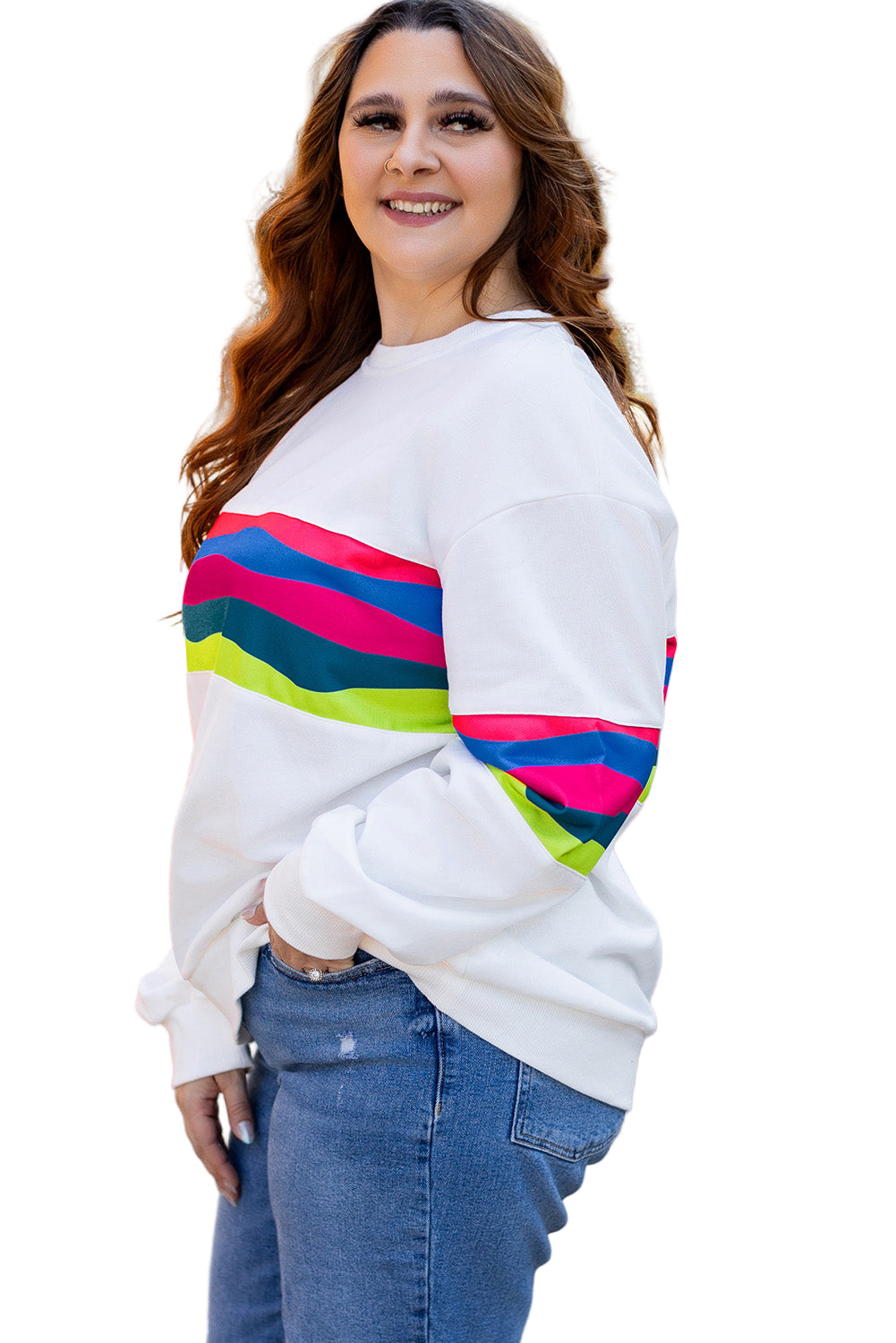 White Plus Size Colorful Striped Drop Shoulder Loose Sweatshirt