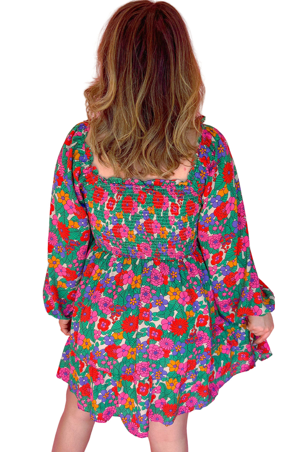 White Plus Size Floral Frilled Square Neck Shirred Long Sleeve Dress