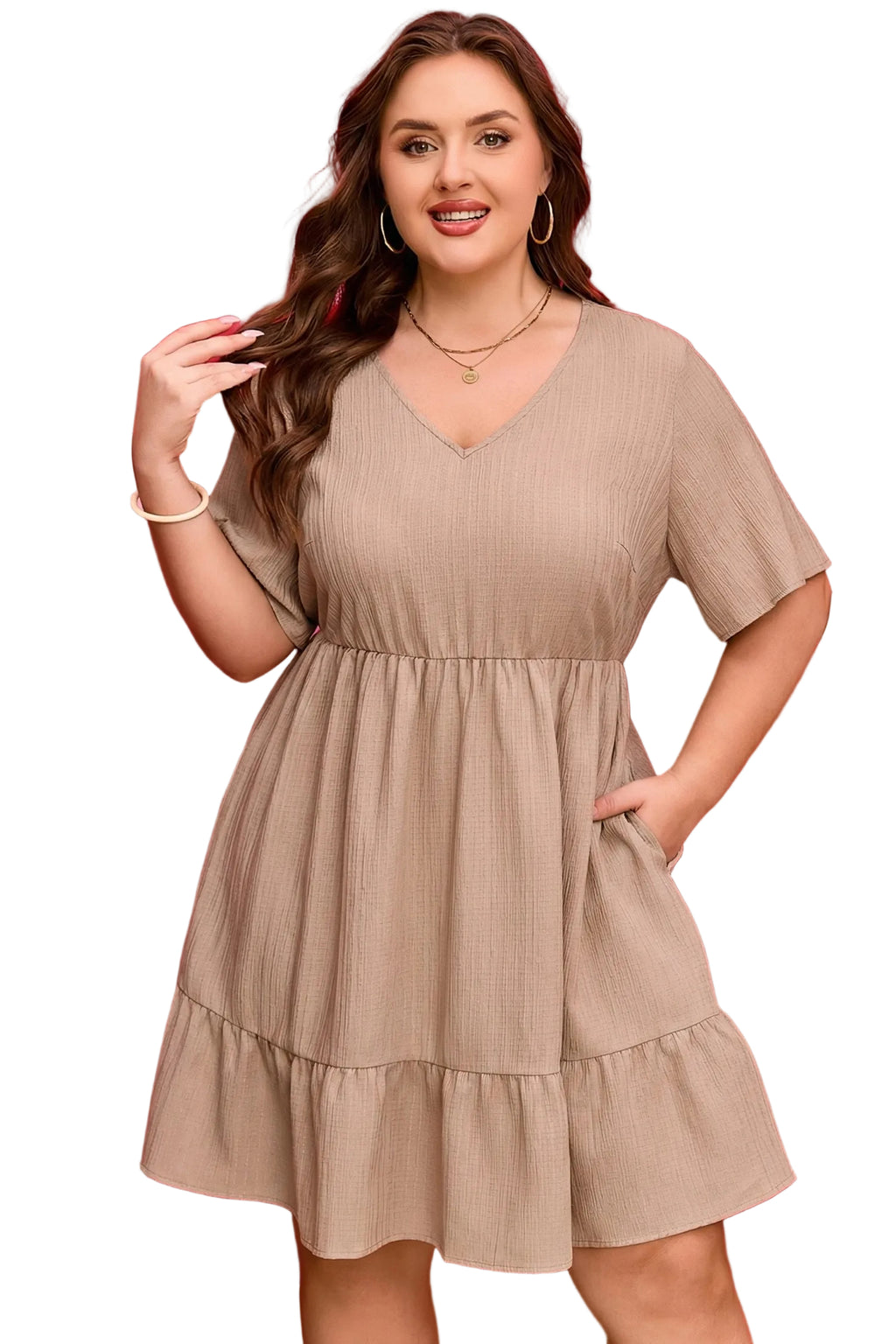 Dark Khaki Plus Size Textured Ruffled Short Sleeve Dress