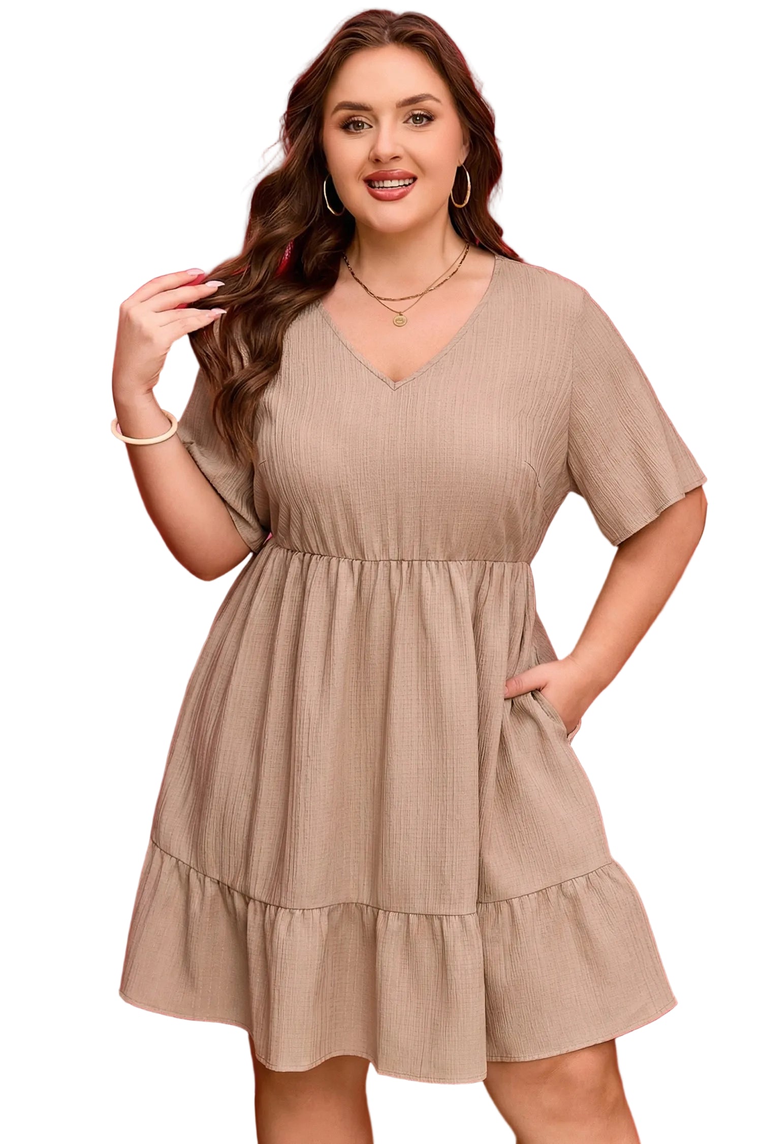Dark Khaki Plus Size Textured Ruffled Short Sleeve Dress