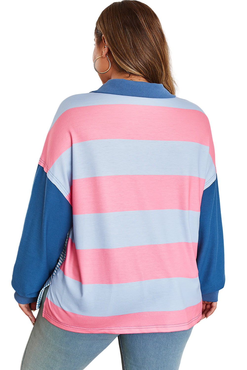 Blue Stripe Colorblock Patchwork Zip up Plus Size Pullover