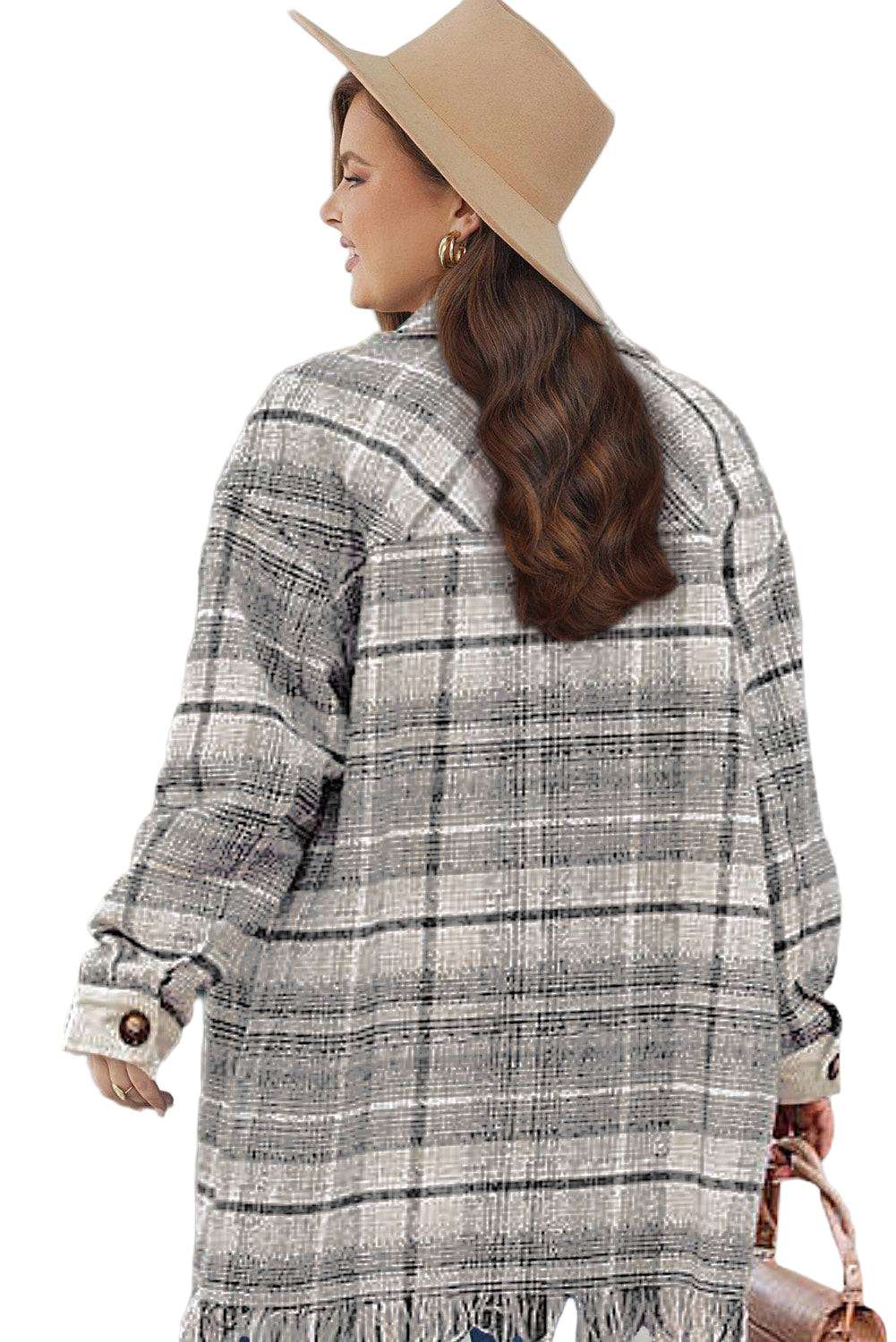 Gray Plus Size Macrame Plaid Coat