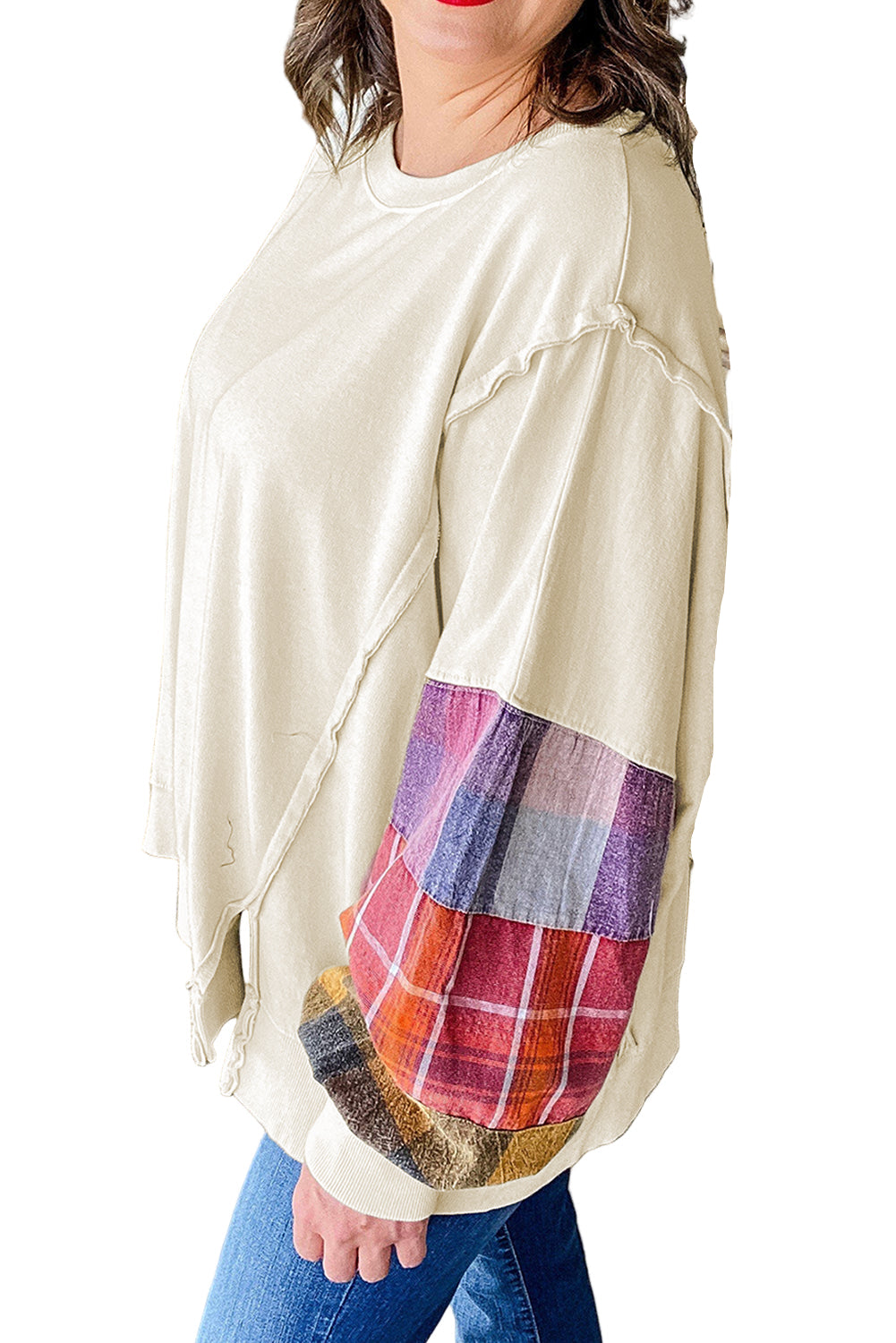 Beige Plus Size Plaid Patchwork Sleeve Pullover Top