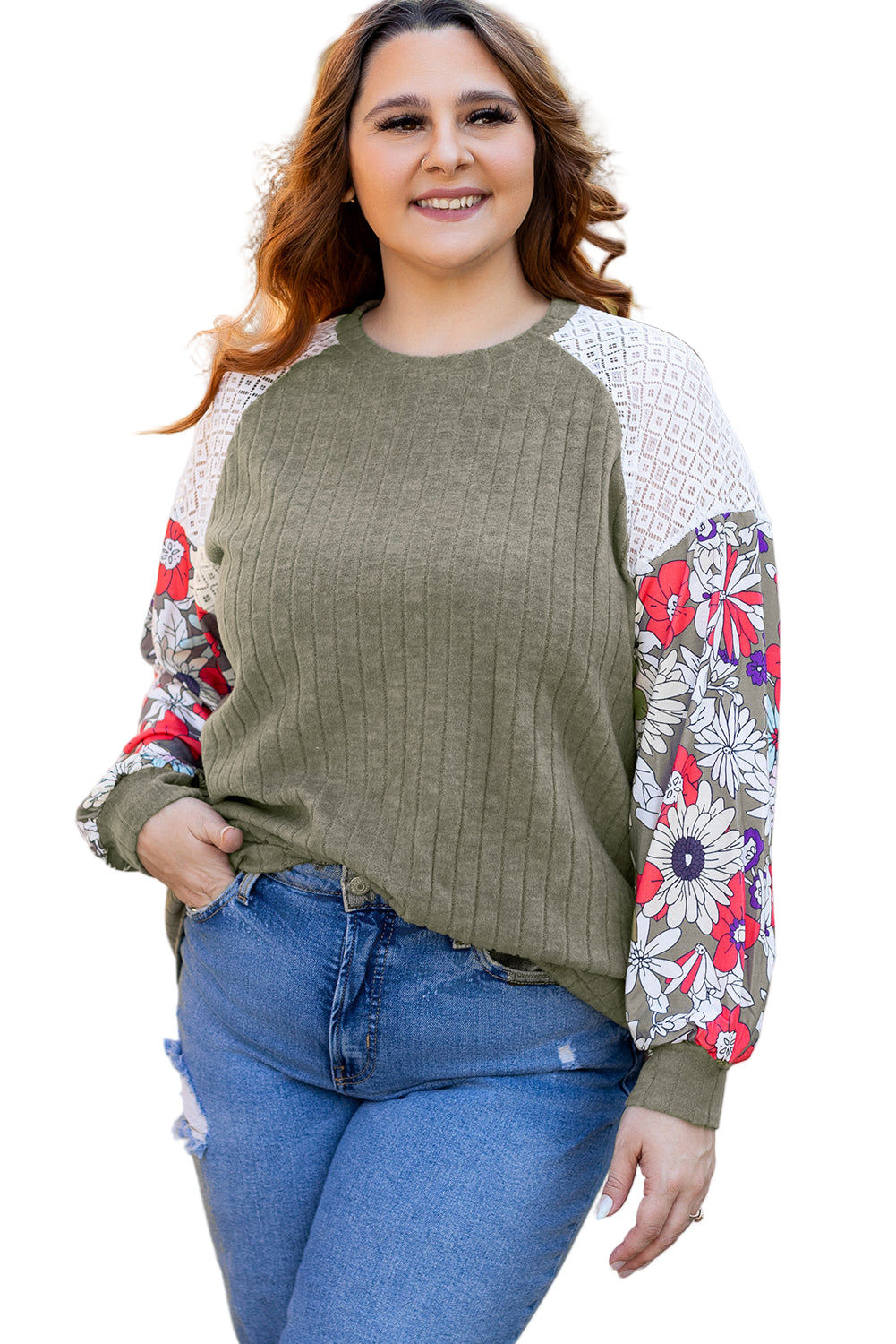 Vineyard Green Plus Size Textured Floral Patchwork Raglan Sleeve Top