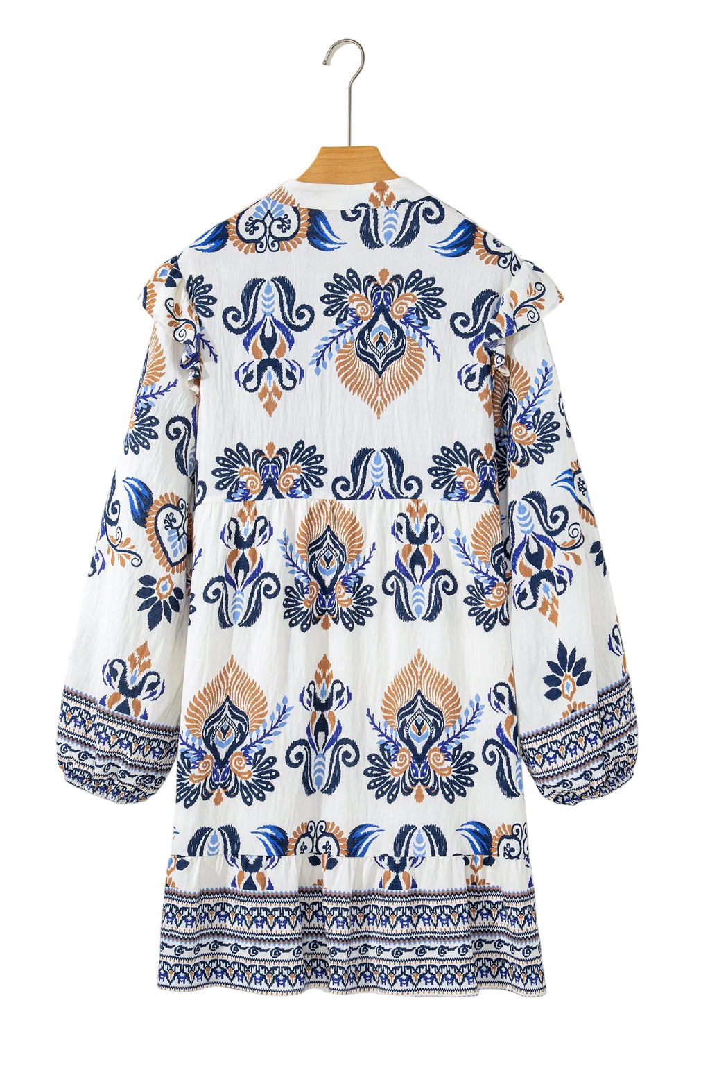 Sky Blue Plus Size Boho Print Split Neck Long Sleeve Mini Dress