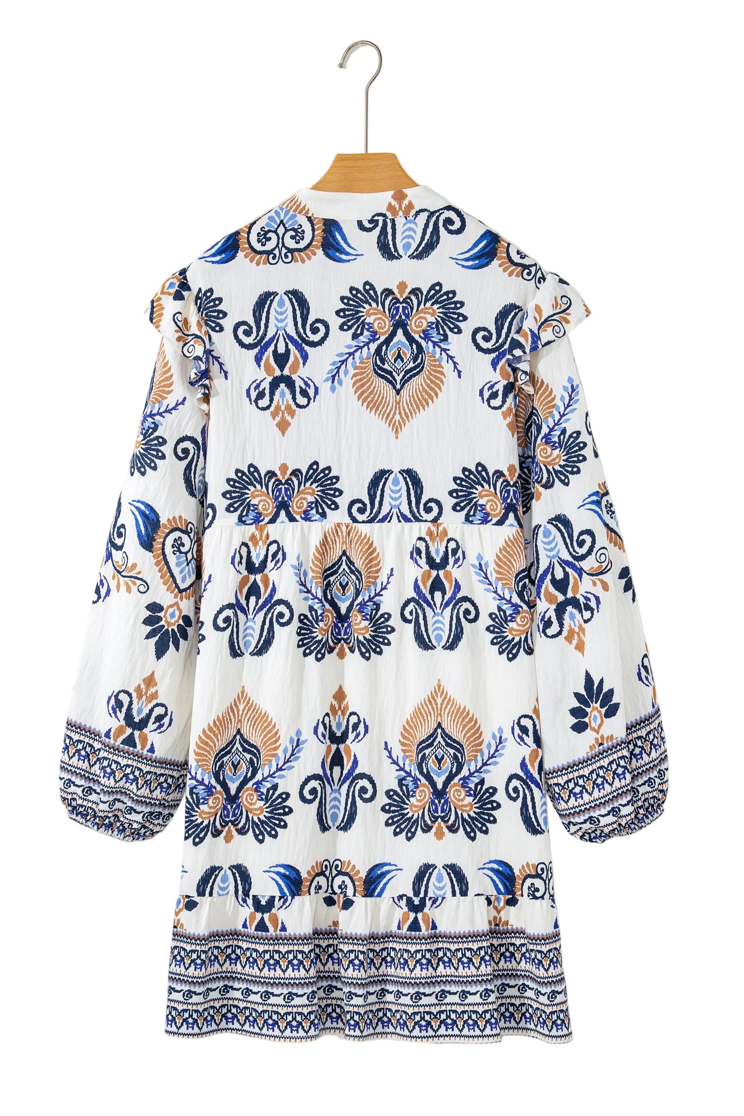 Sky Blue Plus Size Boho Print Split Neck Long Sleeve Mini Dress