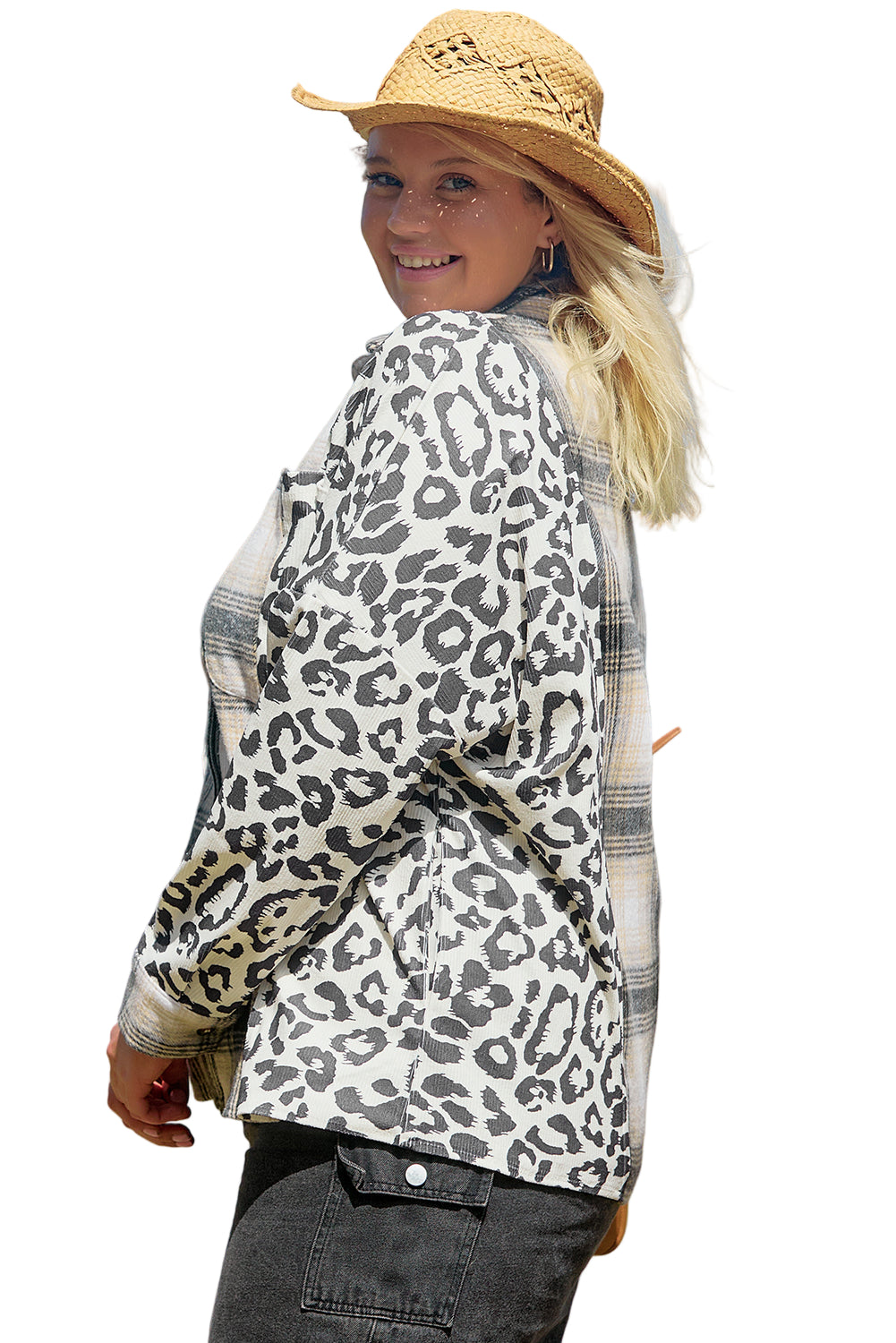 Black Plus Size Plaid Leopard Printed Patchwork Button Up Shacket