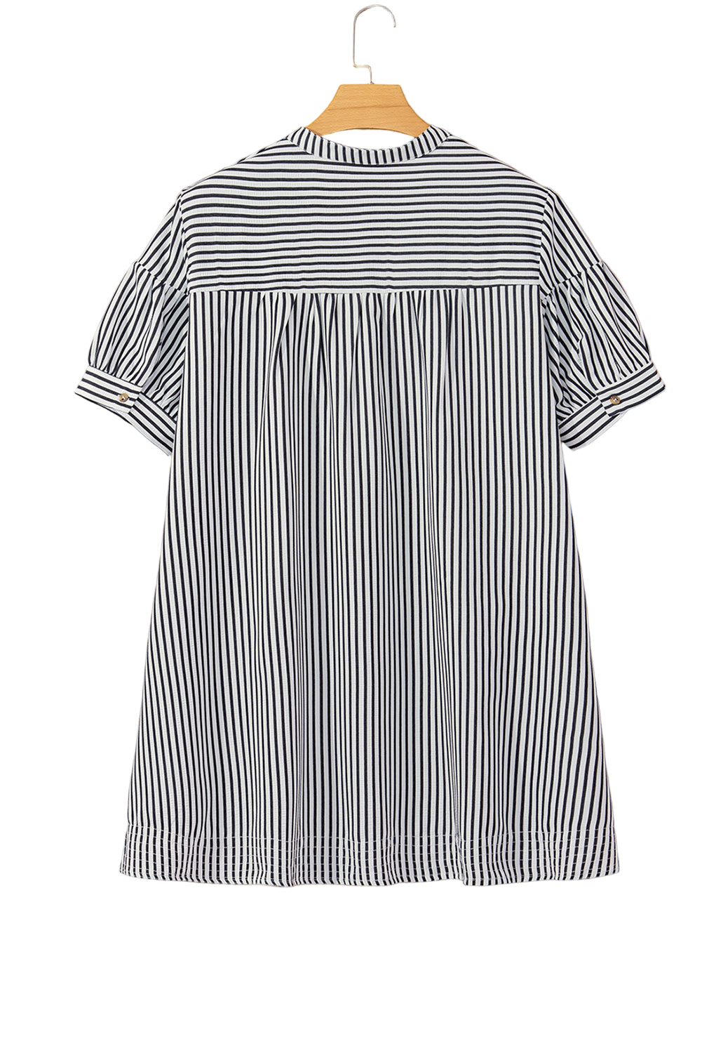 Black Stripe Short Sleeve Buttoned V Neck Pocketed Plus Size Mini Dress