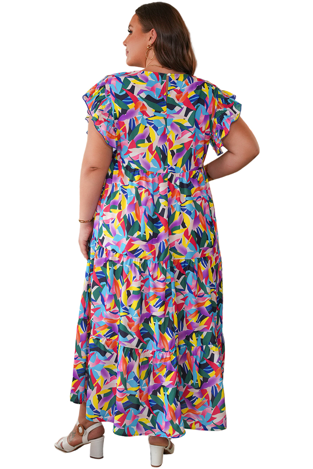 Blue Geometric Print Ruffled Short Sleeve Plus Size Tiered Maxi Dress