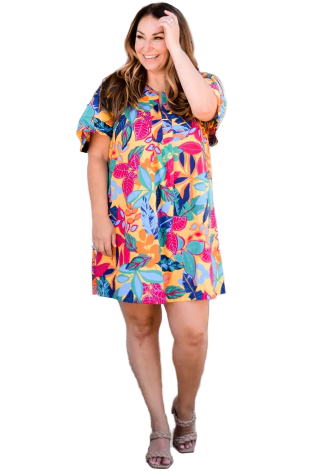 Multicolour Plus Size Leafy Print Split Neck Short Sleeve Shift Dress