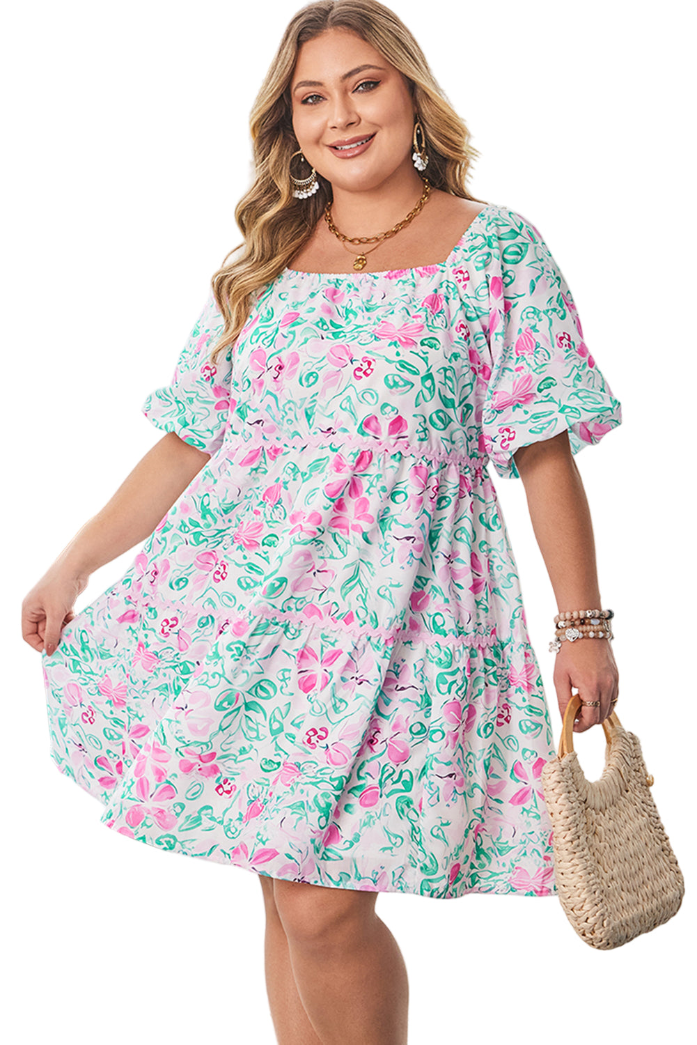 White Floral Print Ric-rac Trim Square Neck Plus Size Mini Dress