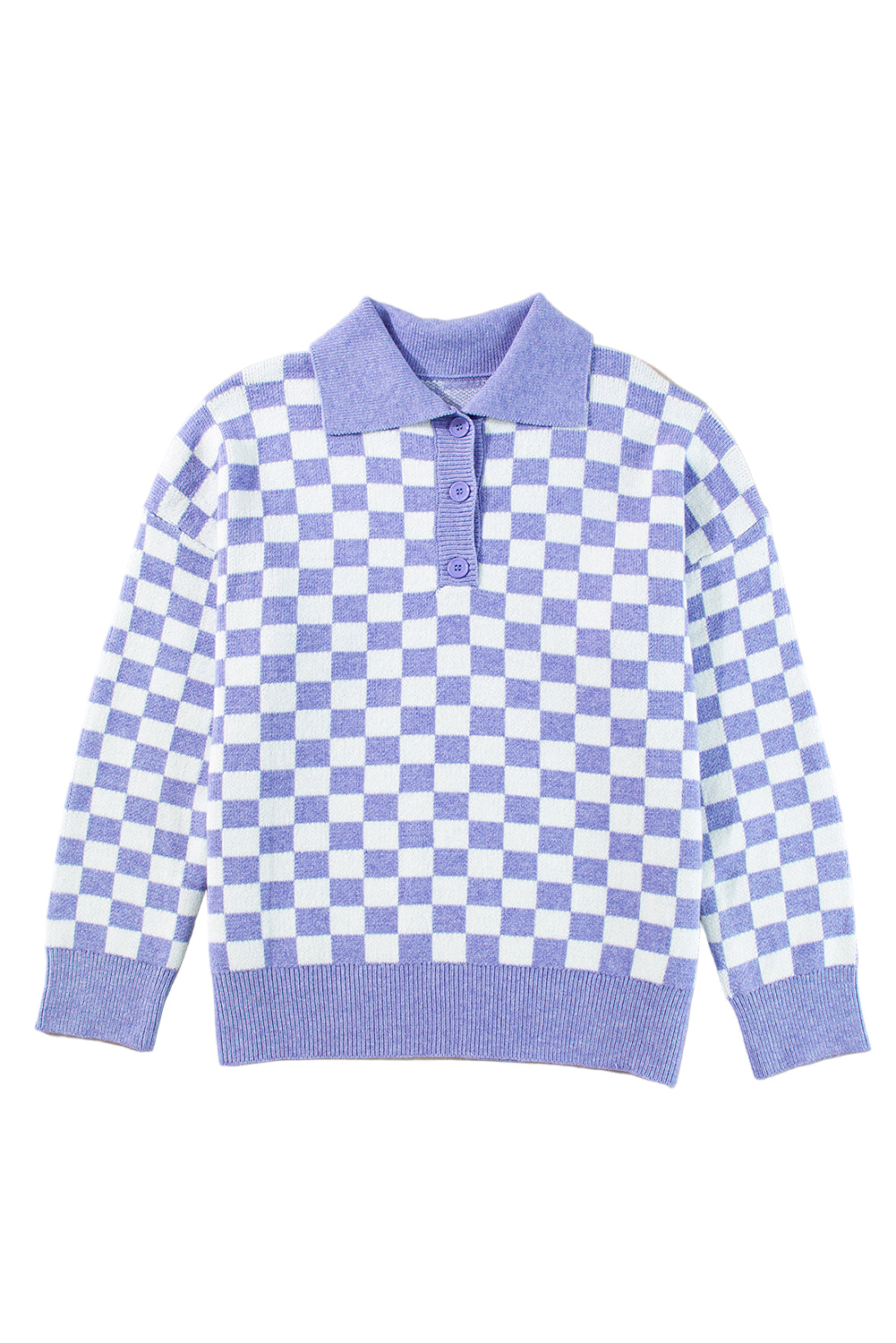Purple Checkered Collared Buttons Plus Size Sweater