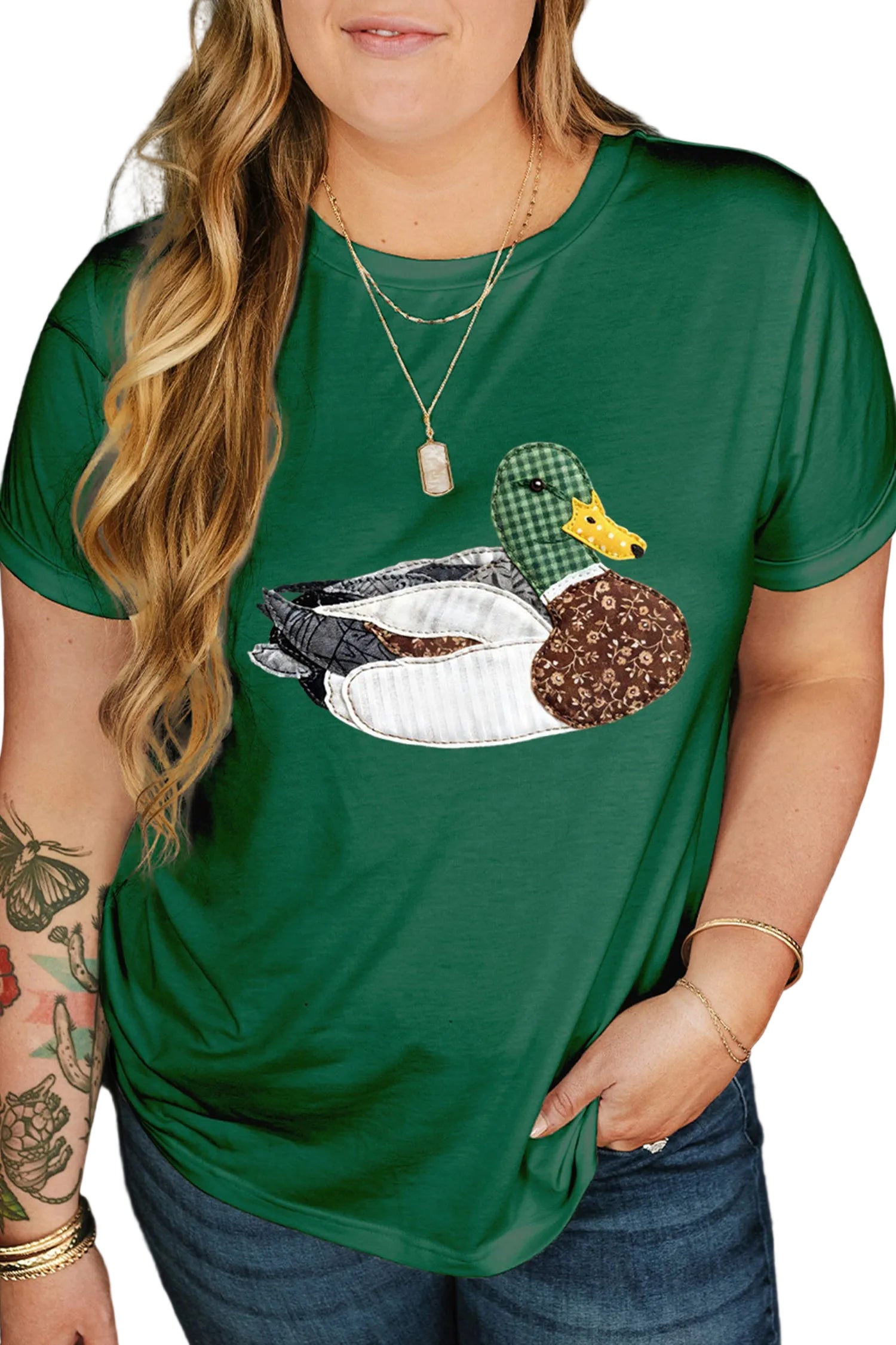 Dark Green Faux Patchwork Mallard Duck Plus Size Graphic Tee