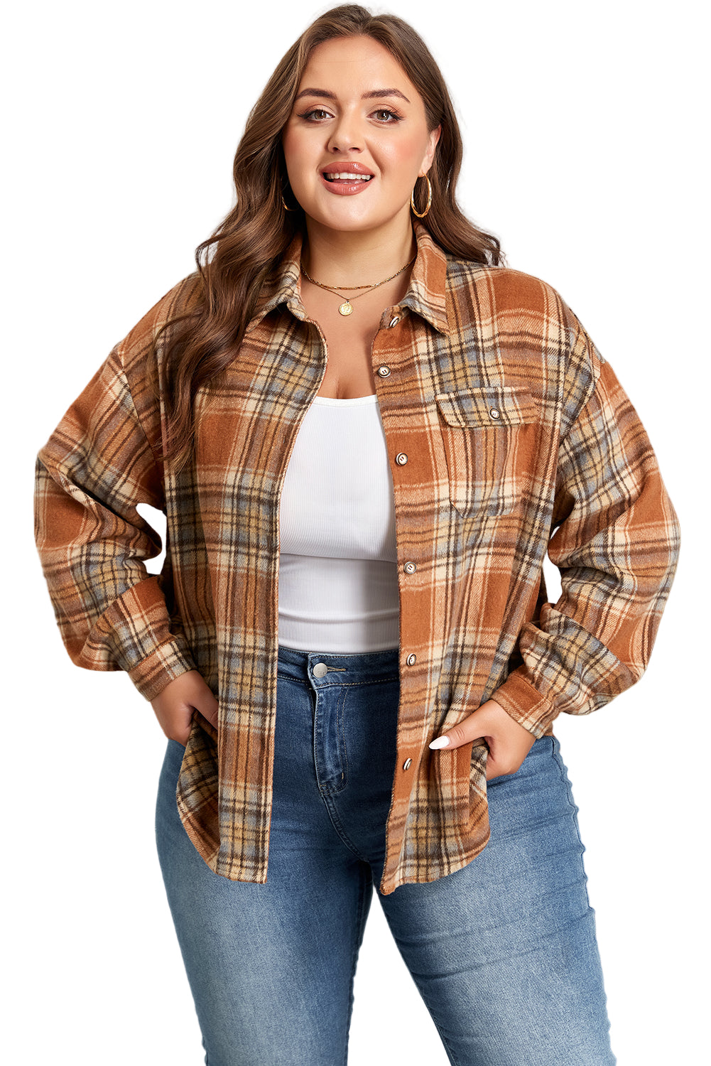 Brown Plaid Print Flap Pocket Buttoned Plus Size Shacket
