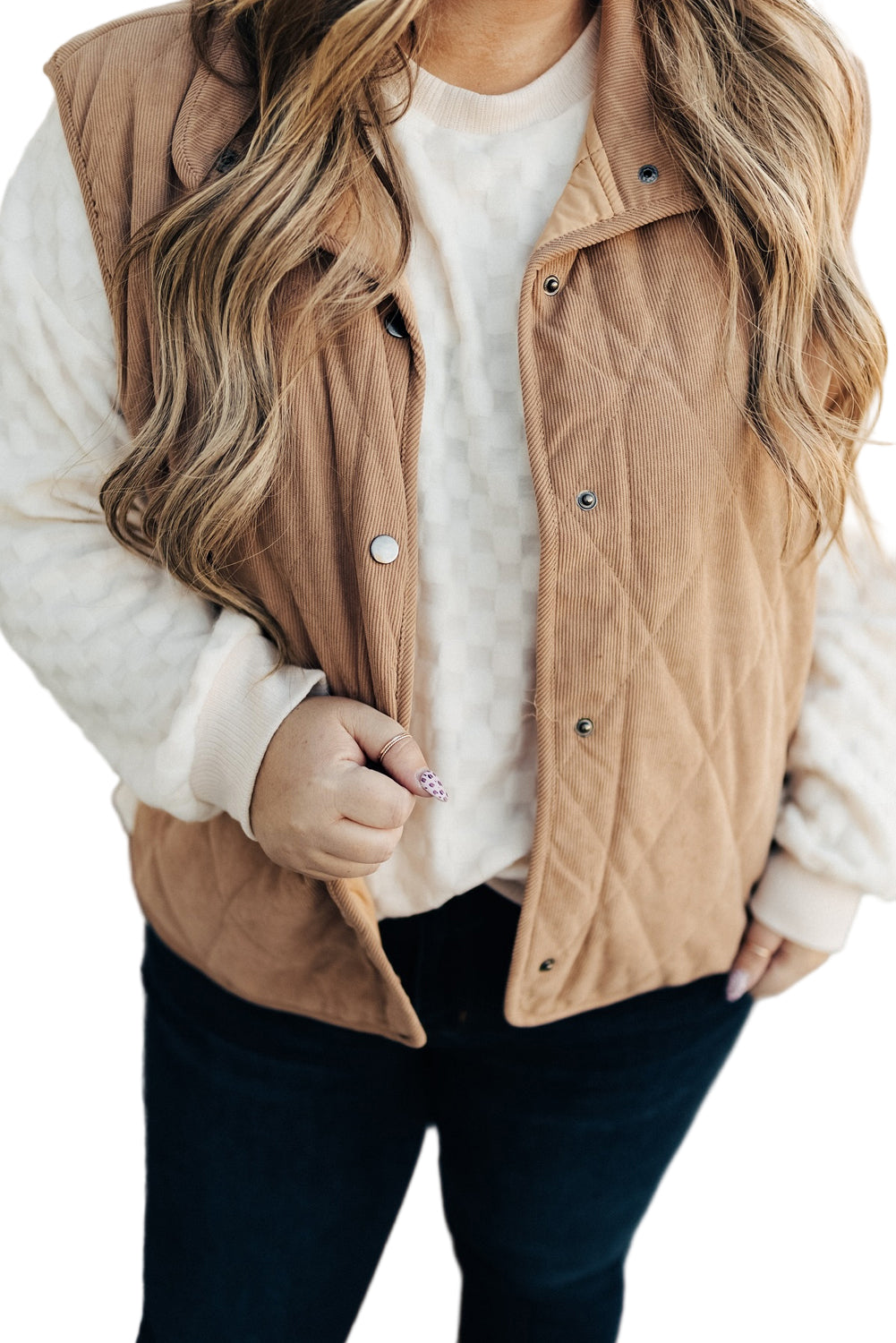 Camel Plus Size Quilted Cord Snap Button Vest Jacket