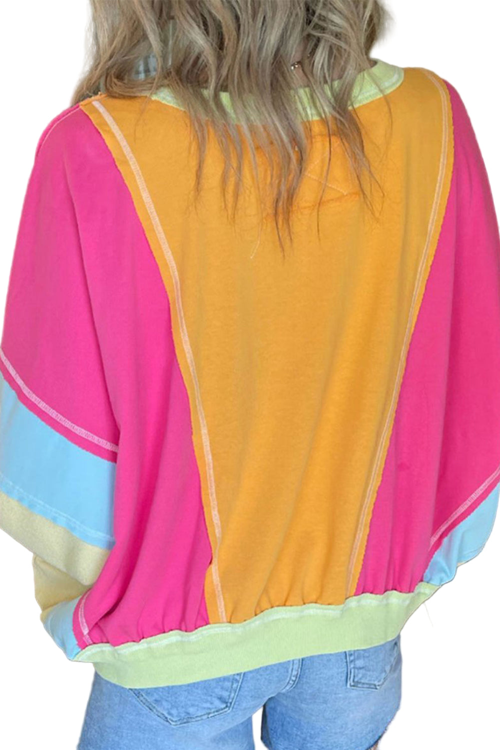 Rose Red Plus Size Colorblock Patchwork Exposed Seam Sweatshirt