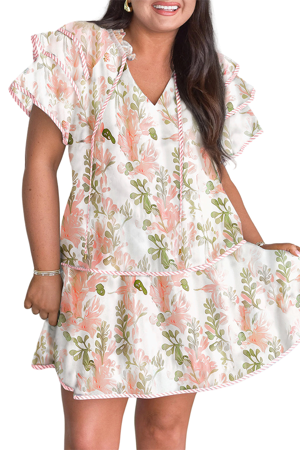 Pink Plus Size Floral Print Striped Detail Short Summer Dress