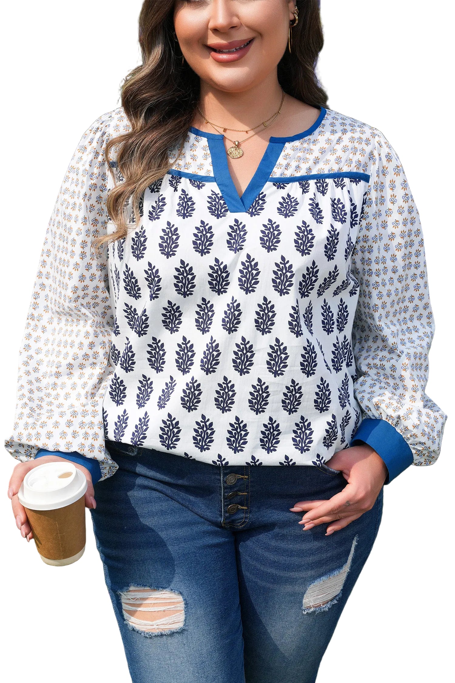 White Plus Size Boho Floral Print Contrast Trim Split Neck Puff Sleeve Patchwork Blouse