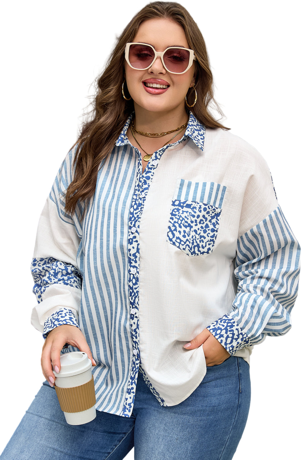 Sky Blue Leopard Striped Patchwork Casual Plus Shirt