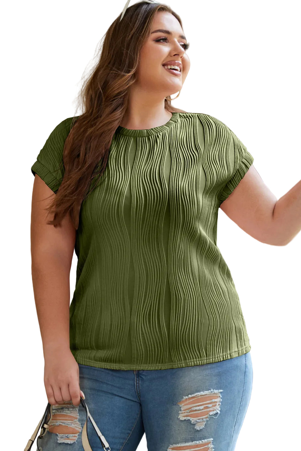 Rose Red Solid Color Wavy Textured Plus Size Tee