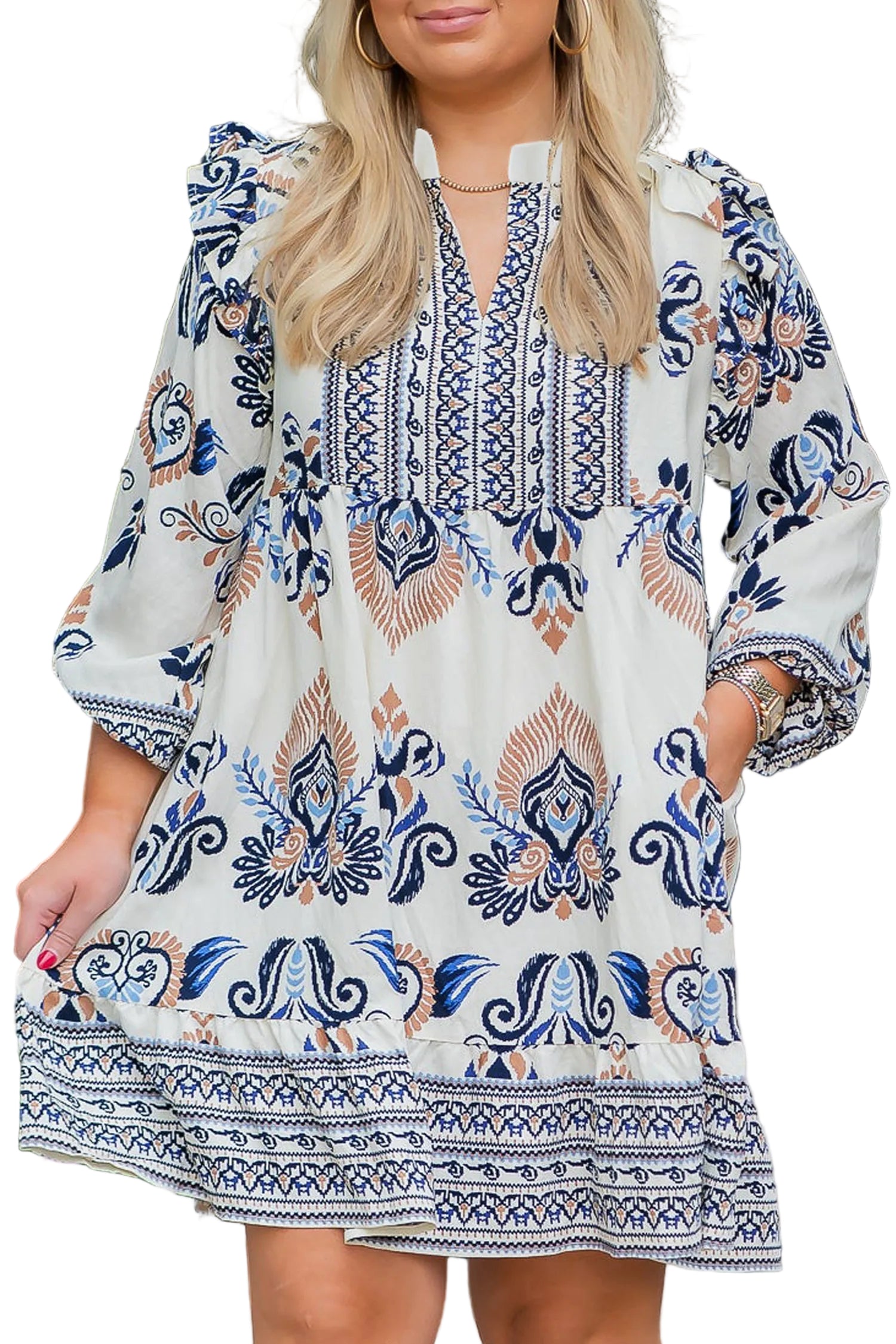 Sky Blue Plus Size Boho Print Split Neck Long Sleeve Mini Dress