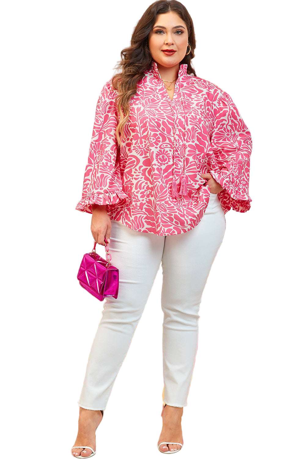 Pink Plus Size Floral Print Frilled Neck Puff Sleeve Top