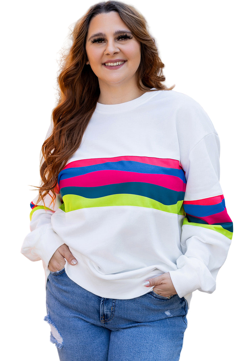 White Plus Size Colorful Striped Drop Shoulder Loose Sweatshirt