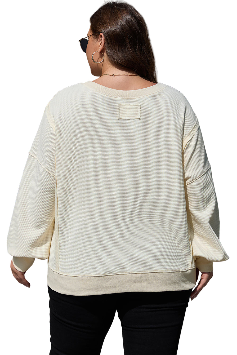 White Solid Color Waffle Knit Drop Shoulder Plus Size Sweatshirt