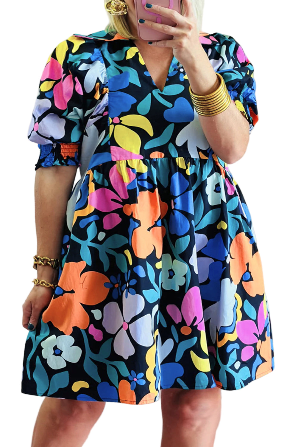 Blue Split Neck Collared Plus Floral Dress