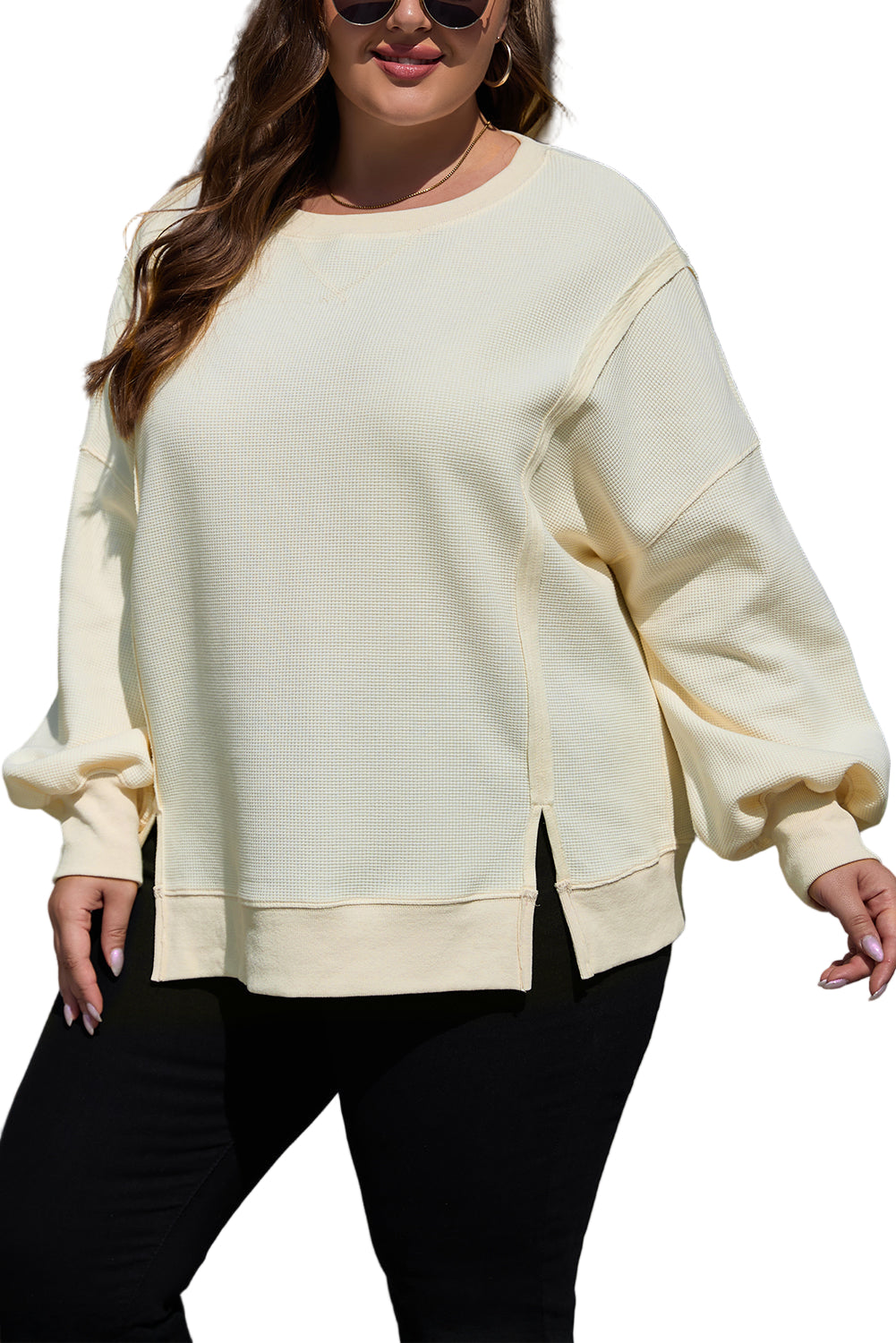White Solid Color Waffle Knit Drop Shoulder Plus Size Sweatshirt