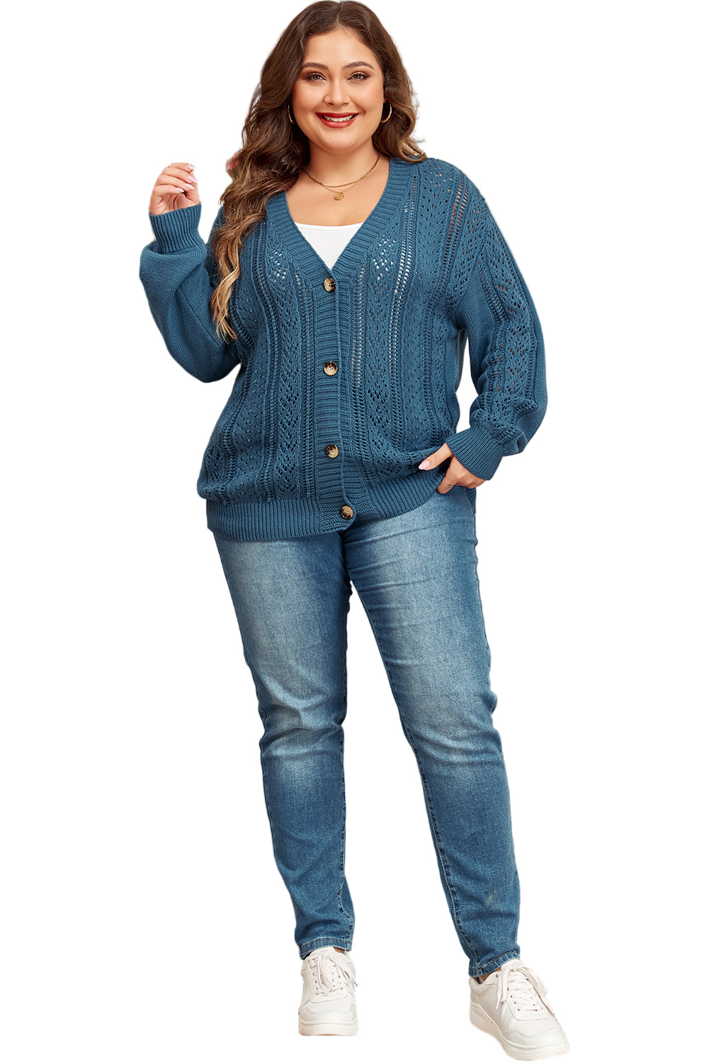 Real Teal Open Knit V Neck Button Front Drop Shoulder Plus Size Cardigan