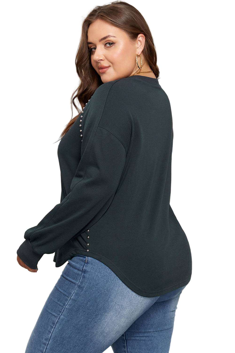 Black Studded Decor Ribbed Edge Mineral Wash Plus Size Jumper