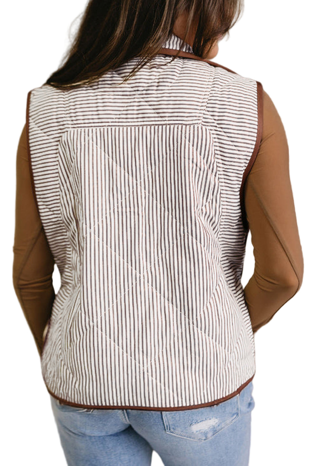 Brown Stripe Quilted Wavy Hem Snap Button Plus Size Vest