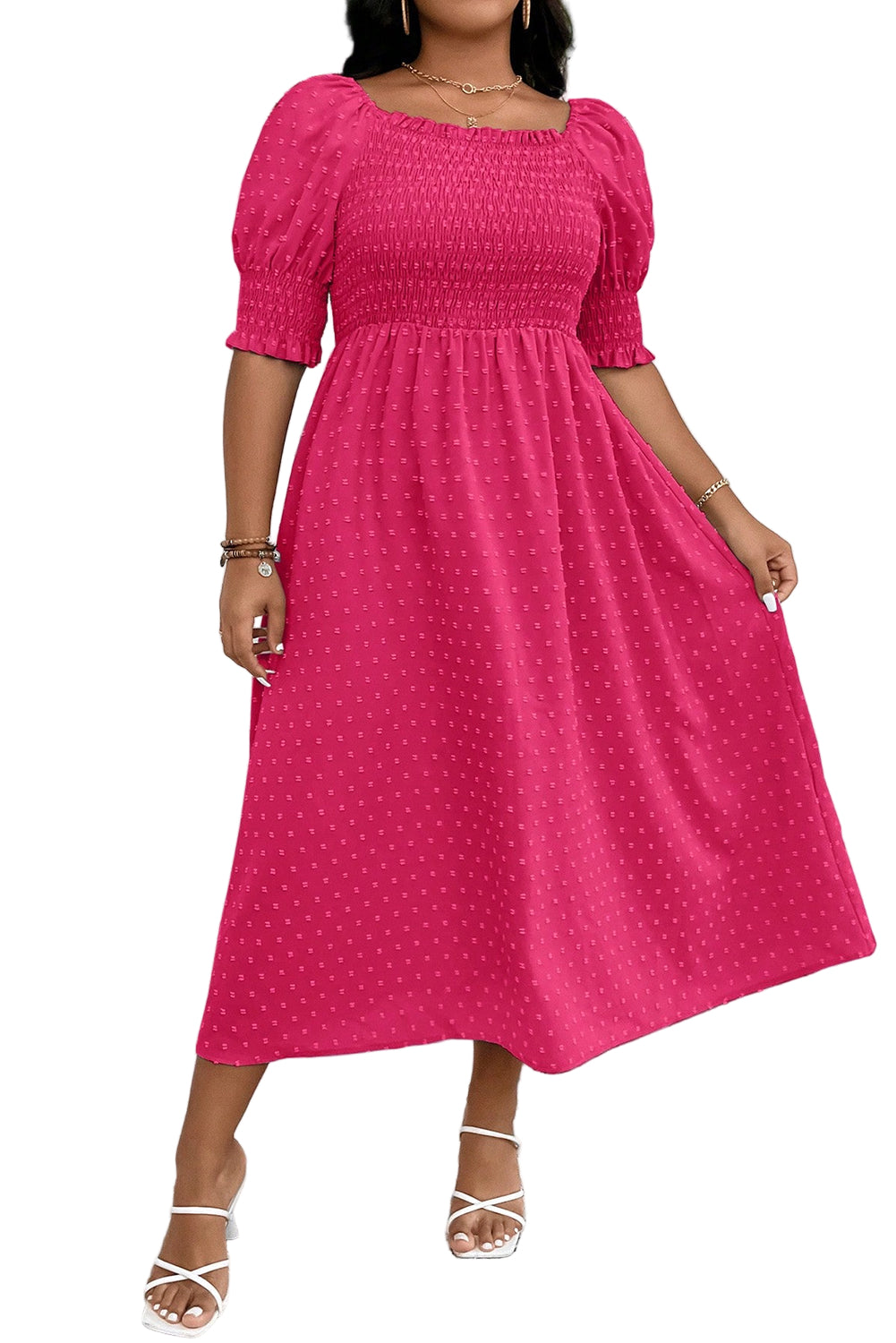 Wisteria Swiss Dot Smocked Frilled Neckline Short Sleeve Plus Size Dress