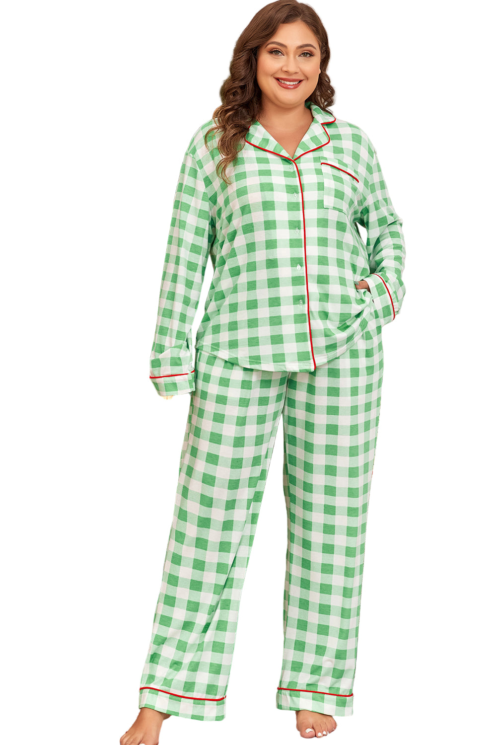 Green Plaid Print Contrast Trim Long Sleeve Plus Size Pajama Set