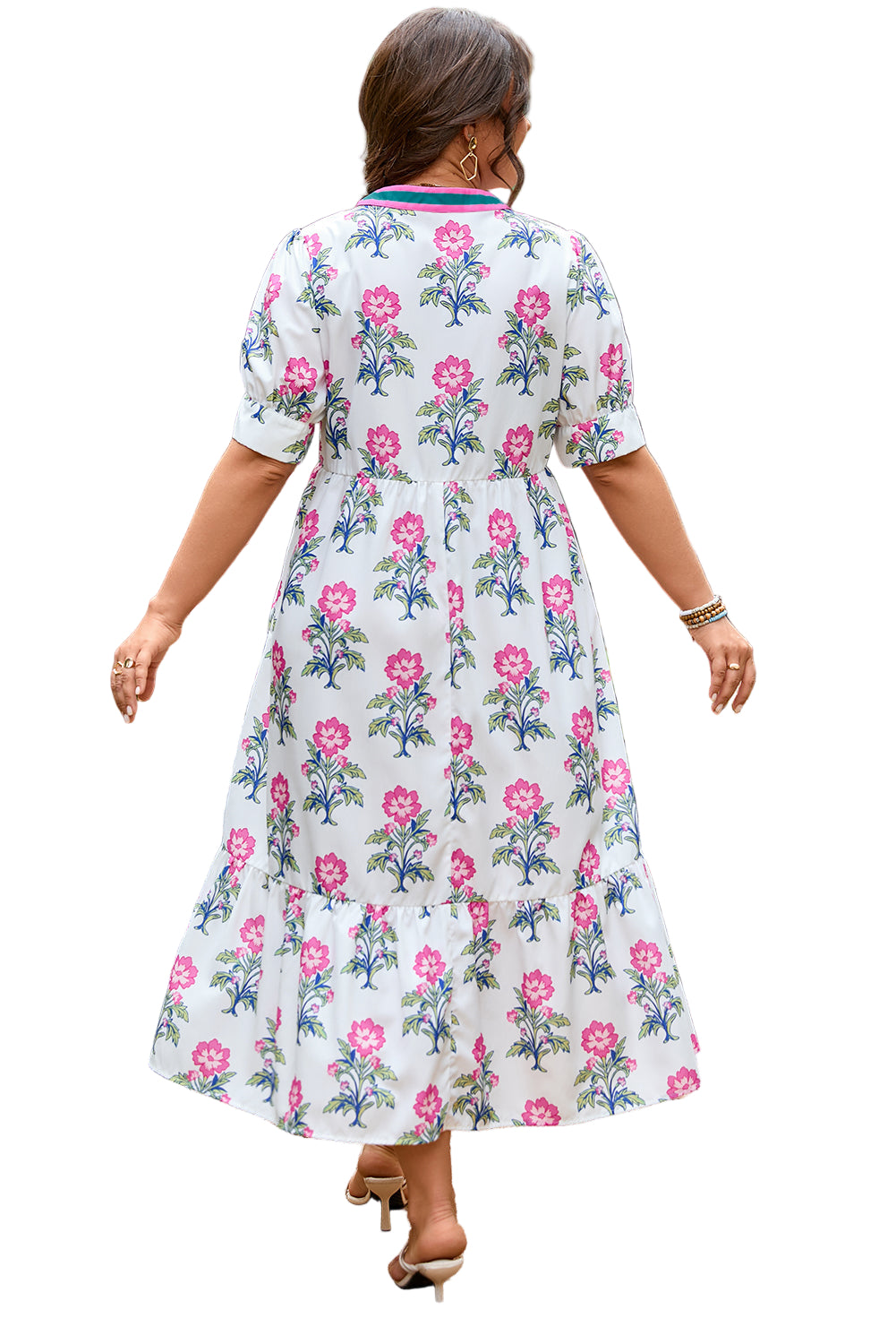 White Allover Print Contrast Split Neckline Short Puff Sleeve Curvy Dress