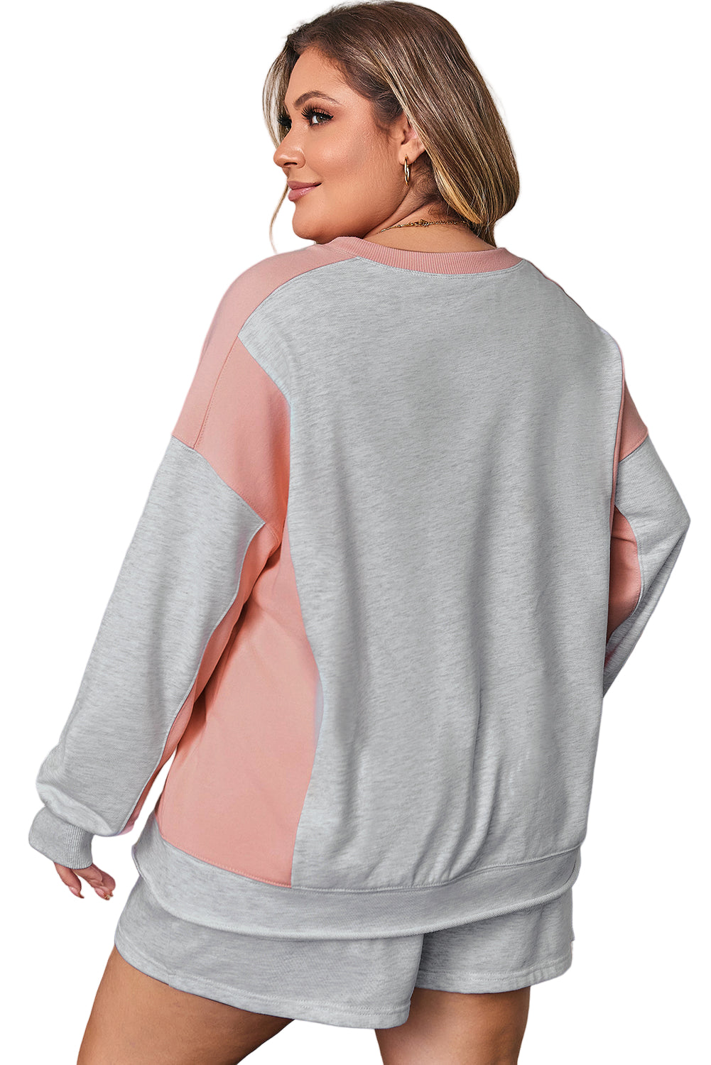 Light Grey Uneven Hem Colorblock Pullover Casual Shorts Plus Size 2pcs Outfit
