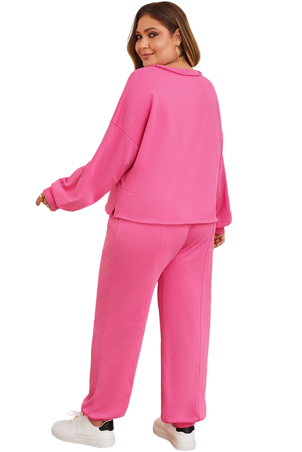 Bright Pink Plus Size Henley Drop Shoulder Pullover and Jogger Pants Two Piece Set