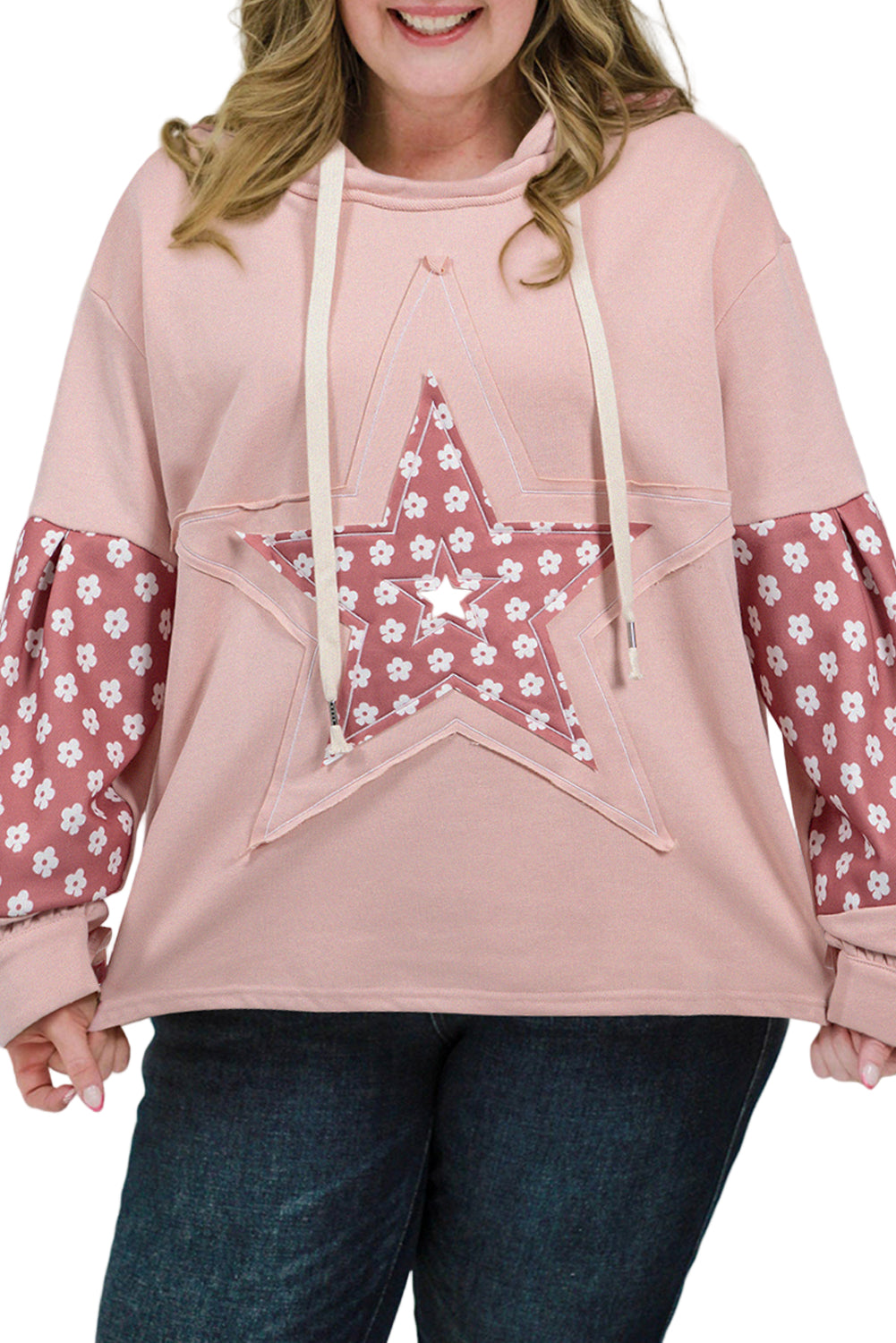 Delicacy Star Patch Graphic Floral Color Block Drawstring Plus Size Hoodie