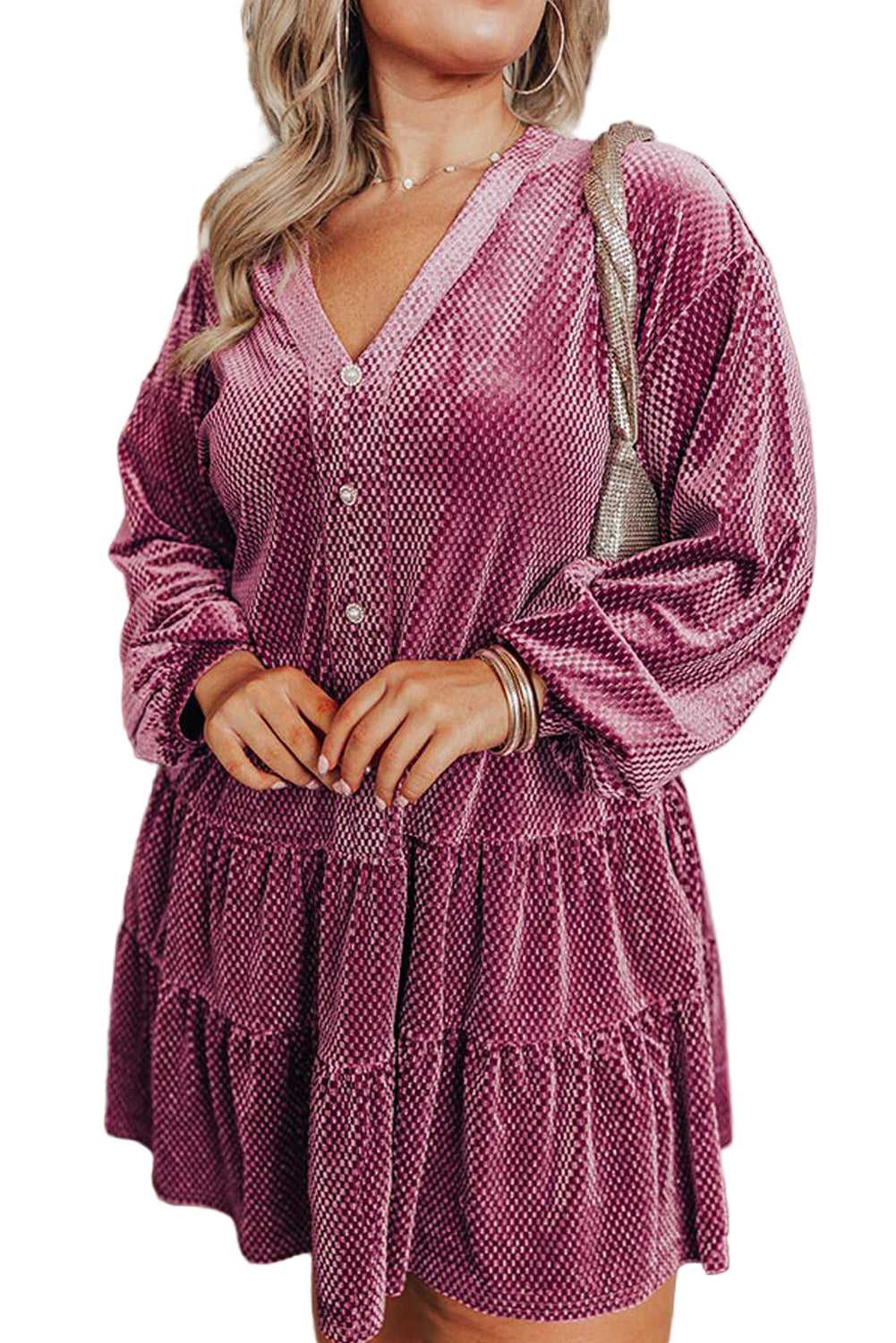 Meadow Mauve Plus Size Textured Velvet Tiered Buttons Tiered Dress