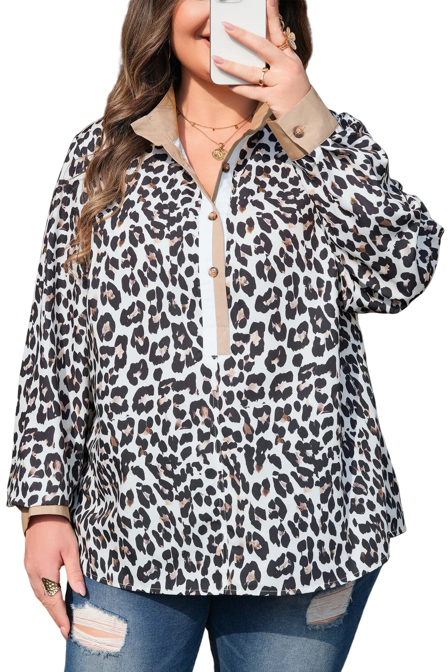 Multicolour Leopard Print Contrast Trim Button Split Neck Plus Long Sleeve Top